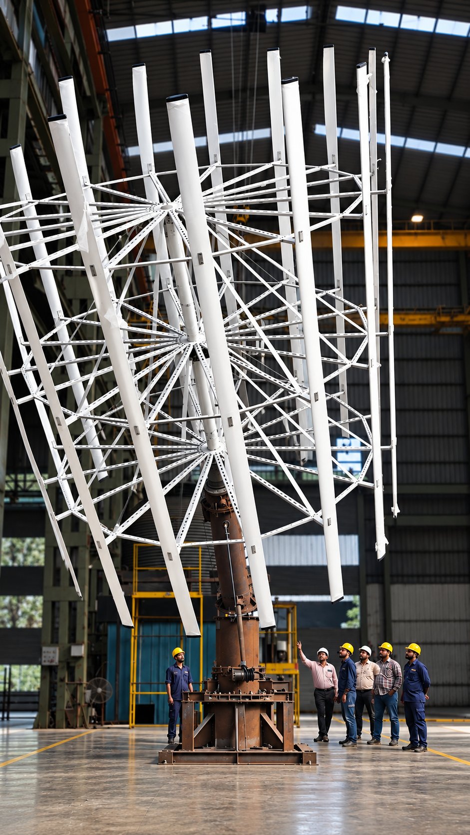 TAPS B16 10 kW vertical-axis wind turbine rotor and tower raised inside the WindForAll works, Ahmedabad, with the team at its base for scale